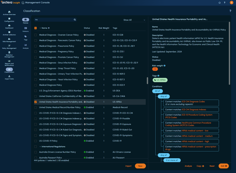 Arctera Data Insight Management Console - Classification Dashboard